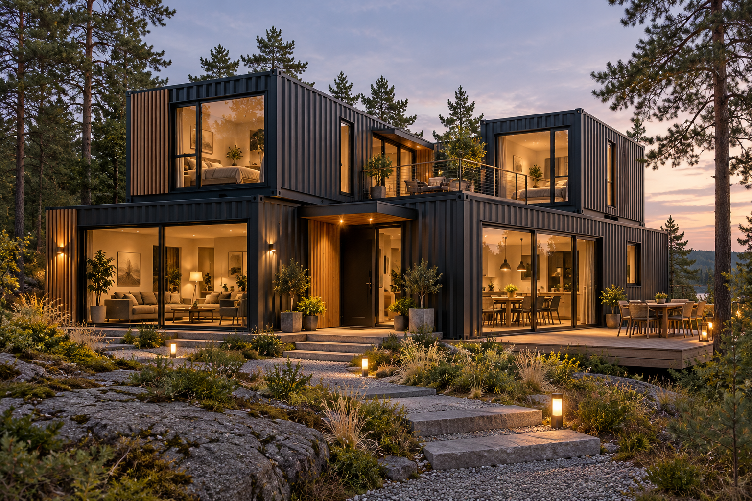 Illustrerad husidé: ett stort containerhus i två våningar med flera vinklar, glaspartier och terrass